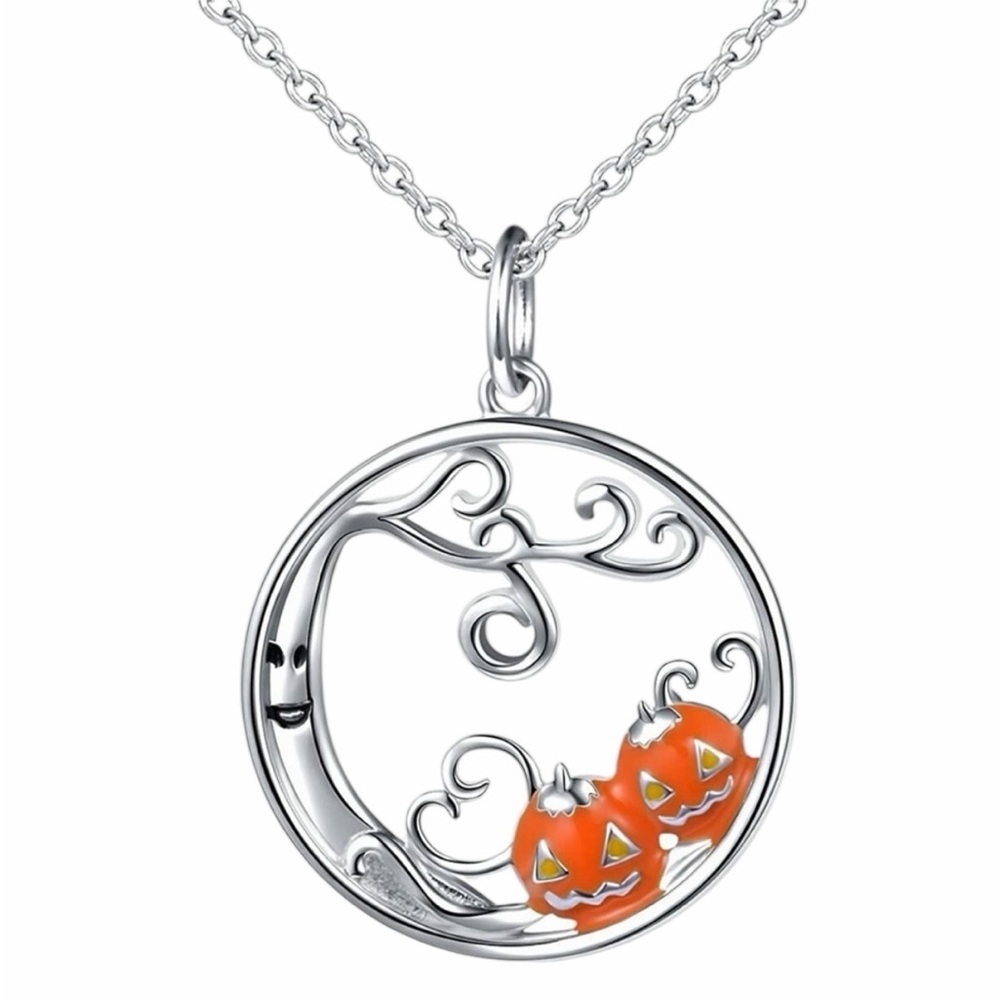 NWT 925 Silver & Orange Haunted Tree & Pumpkins Pendant Necklace & Earrings Set